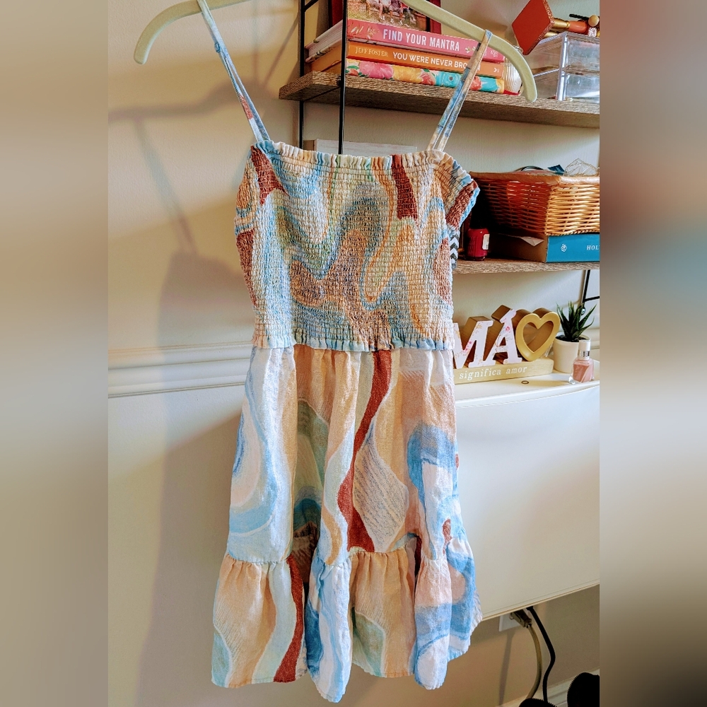 Linen Wilfred Blue and Orange Smocked Mini Sundress